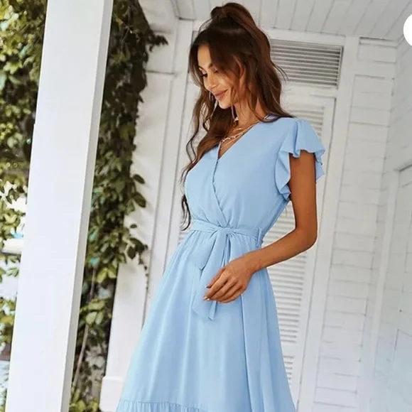 baby blue boho dress Light Blue Puff Sleeve Babydoll Dress - Dress main image 0